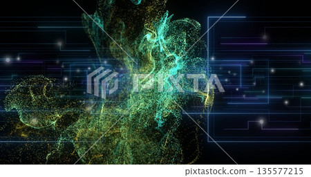 Swirling teal-gold particle cloud undulating in cyberspace, with neon-blue circuit lines and nodes Swirling teal-gold particle cloud undulating in cyberspace, with neon-blue circuit lines and nodes 135577215