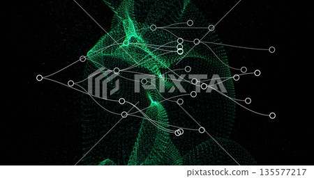 Animating green mesh flowing across dark void, with white circular nodes and connecting lines Animating green mesh flowing across dark void, with white circular nodes and connecting lines 135577217