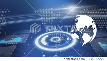 Displaying white 3D globe over digital grid floor with world map overlay, HUD, markers, copy space Displaying white 3D globe over digital grid floor with world map overlay, HUD, markers, copy space 135577222