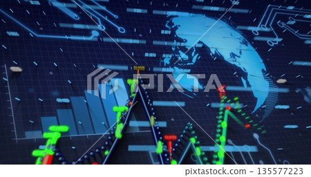 Displaying graph fluctuating on virtual financial dashboard, with candlestick markers, globe map 135577223