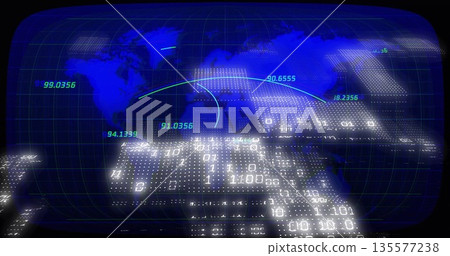 Displaying world map projection on blue dashboard, with green labels, glowing arcs, binary clusters Displaying world map projection on blue dashboard, with green labels, glowing arcs, binary clusters 135577238