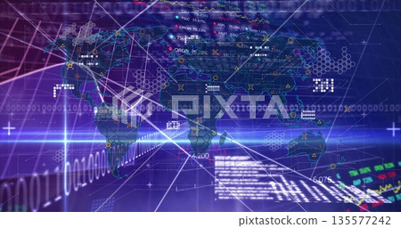 Displaying holographic world map in virtual interface, with neon gridlines and binary streams 135577242