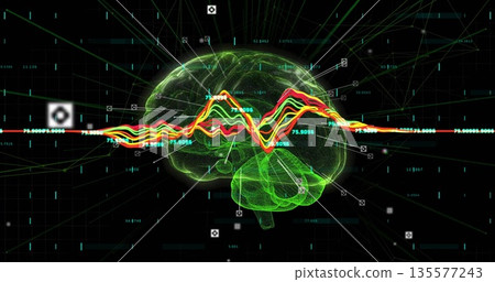 Floating neon-green brain mesh drifting on grid, with multicolored waveform, labels, crosshairs Floating neon-green brain mesh drifting on grid, with multicolored waveform, labels, crosshairs 135577243