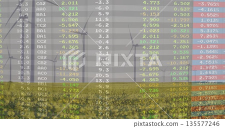 Displaying financial data overlaying yellow field at rural farm and wind turbines on horizon 135577246