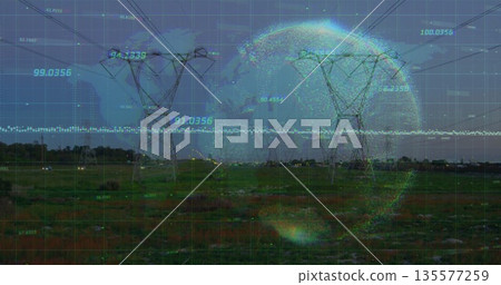 Featuring steel lattice towers projecting high-voltage cables across field, digital data overlay Featuring steel lattice towers projecting high-voltage cables across field, digital data overlay 135577259