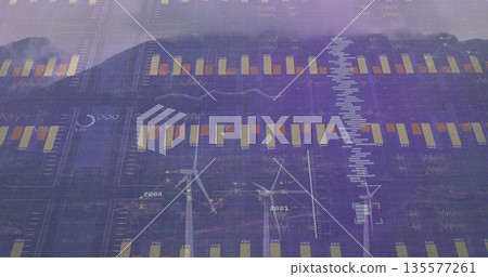 Rotating three white wind turbines on rural wind farm, with digital data overlays 135577261