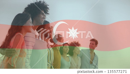 Linking arms and smiling group of eight adults with Azerbaijan flag overlay in studio Linking arms and smiling group of eight adults with Azerbaijan flag overlay in studio 135577271