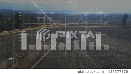 Displaying translucent bar chart and line graph overlaying tilled field at farm, with tractor Displaying translucent bar chart and line graph overlaying tilled field at farm, with tractor 135577276