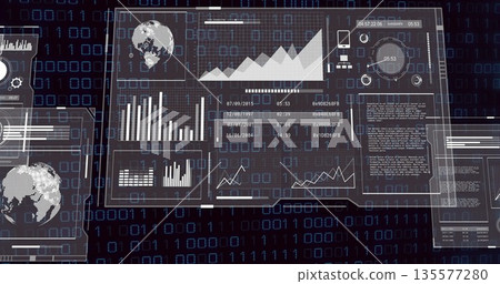 Translucent panels floating in console with bar and line charts, gauge, code on binary background Translucent panels floating in console with bar and line charts, gauge, code on binary background 135577280