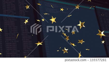 Gold stars floating and casting highlights on dark workstation monitor, illuminating code windows 135577281