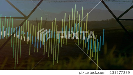 Displaying green and blue equalizer bars overlaying farmland at dawn with pivot irrigation truss Displaying green and blue equalizer bars overlaying farmland at dawn with pivot irrigation truss 135577289