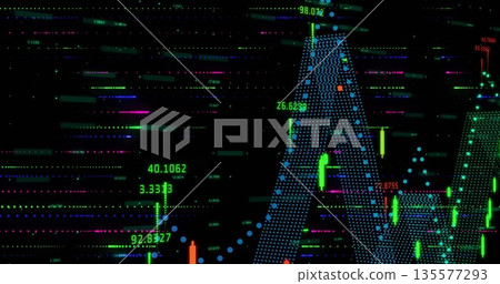 Displaying financial chart on dark trading interface, with neon candlestick bars and grid lines Displaying financial chart on dark trading interface, with neon candlestick bars and grid lines 135577293