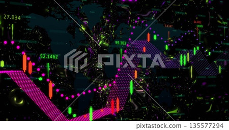 Neon candlesticks tracking swings on dashboard with magenta arrow data labels and map textures 135577294