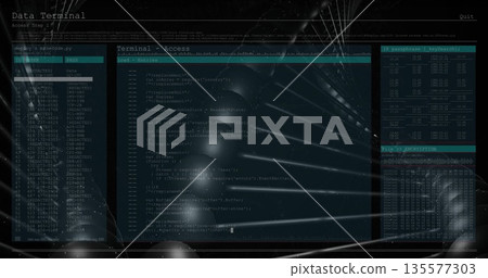 Showing dark-themed terminal window in hacking environment with code panel and encryption tables Showing dark-themed terminal window in hacking environment with code panel and encryption tables 135577303