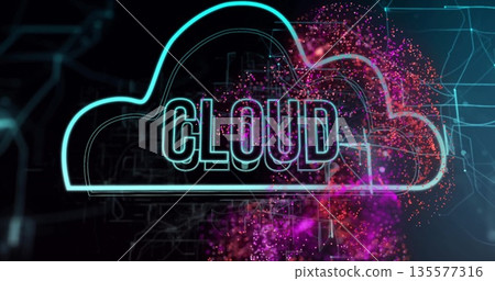 Pulsating neon-outlined cloud with CLOUD text glowing in dark digital space, with circuit lines Pulsating neon-outlined cloud with CLOUD text glowing in dark digital space, with circuit lines 135577316