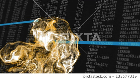 Flowing white-gold fluid shape over terminal console, featuring cyan bars and error codes Flowing white-gold fluid shape over terminal console, featuring cyan bars and error codes 135577319