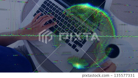 Hispanic woman typing on laptop holding coffee mug in home office with placemat, data globe Hispanic woman typing on laptop holding coffee mug in home office with placemat, data globe 135577331