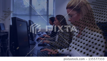 Typing office worker in white blouse with glasses at computer lab, monitors keyboards, copy space 135577333