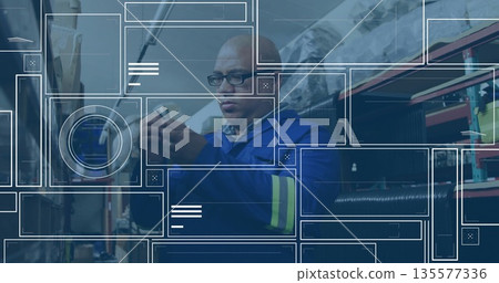 Adjusting wiring and checking phone, technician wearing glasses in control room with data overlay Adjusting wiring and checking phone, technician wearing glasses in control room with data overlay 135577336