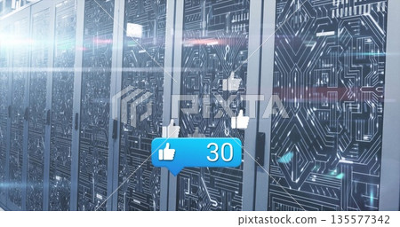 Floating blue notification bubble showing 30 likes above server aisle, with circuit-patterned doors 135577342