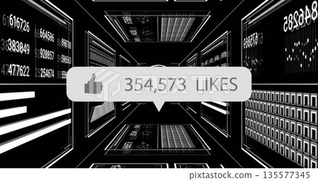Floating thumbs-up bubble showing 354,573 LIKES in virtual data tunnel, with numeric data screens 135577345