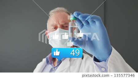 Inspecting vial, doctor wearing mask and gloves in lab with floating thumbs up icons showing 49 135577346