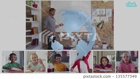 Gesturing teacher explaining lesson at brick-wall whiteboard, showing globe overlay student frames Gesturing teacher explaining lesson at brick-wall whiteboard, showing globe overlay student frames 135577349
