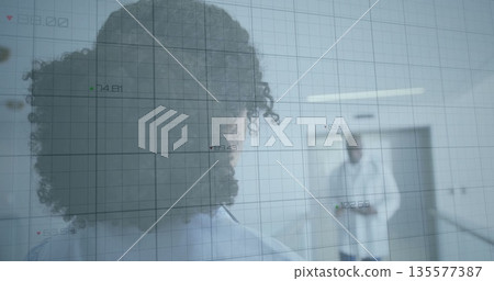 Walking female researcher wearing white coat navigating lab corridor, with grid overlay Walking female researcher wearing white coat navigating lab corridor, with grid overlay 135577387