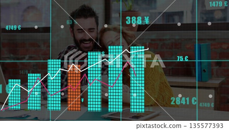 Smiling couple in plaid shirt and yellow sweater leaning toward laptop at home office, with tablet Smiling couple in plaid shirt and yellow sweater leaning toward laptop at home office, with tablet 135577393