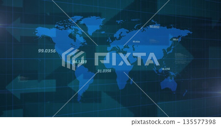 Displaying digital world map infographic on dark grid, showing data points with translucent arrows Displaying digital world map infographic on dark grid, showing data points with translucent arrows 135577398