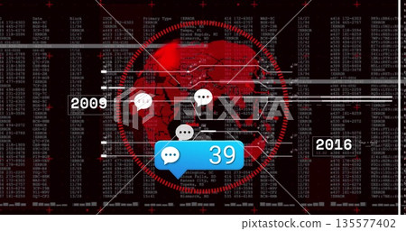 Highlighting blue digital speech bubble displaying 39 on high-tech data dashboard, with world map Highlighting blue digital speech bubble displaying 39 on high-tech data dashboard, with world map 135577402