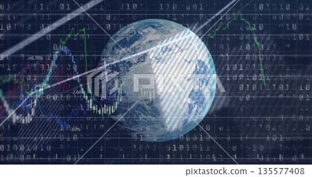 Displaying translucent Earth globe hovering over binary grid with market charts, light streaks 135577408