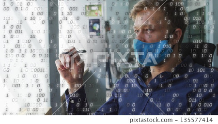 Writing man wearing blue mask marking glass panel with marker in office, binary overlay, copy space Writing man wearing blue mask marking glass panel with marker in office, binary overlay, copy space 135577414