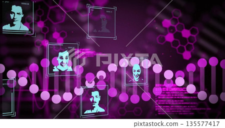 Displaying stylized DNA helix composed of magenta dots on virtual interface, with headshot frames 135577417