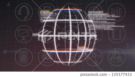 Showing glowing wireframe sphere rotating in dark grid dashboard, with circular tech icons and code Showing glowing wireframe sphere rotating in dark grid dashboard, with circular tech icons and code 135577433