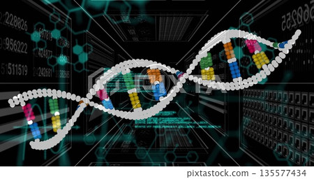 Floating white DNA helix drifting through dark server racks, with hexagon grid and code streams 135577434