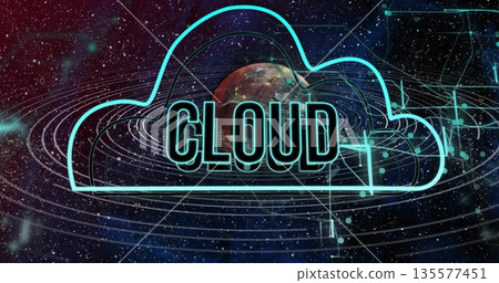 Glowing neon cloud enclosing 3D CLOUD text in digital interface, with ringed planet, network nodes 135577451