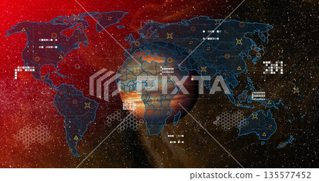 Displaying blue hologram world map overlaying orange planet with data blocks and starfield console 135577452