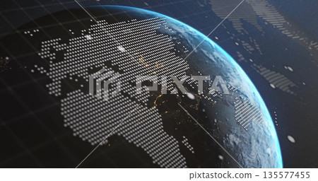 Presenting stylized Earth globe hovering in orbital view, with dot overlay and glowing atmosphere 135577455