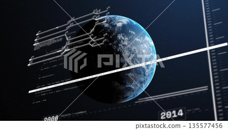 Showing Earth globe rotating in space interface, displaying code overlays with 2006-2014 timeline Showing Earth globe rotating in space interface, displaying code overlays with 2006-2014 timeline 135577456