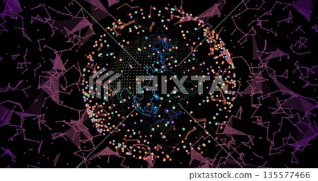 Dotted globe rotating in digital space with neon continent outlines orbiting nodes and purple mesh 135577466