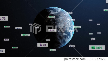 Rotating planet Earth revealing clouds in deep space, with orbiting social media notification icons 135577472