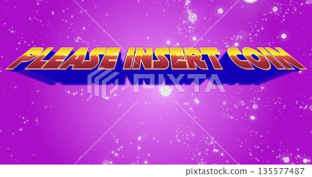 Floating 3D text reading PLEASE INSERT COIN on arcade style screen, with glowing particles Floating 3D text reading PLEASE INSERT COIN on arcade style screen, with glowing particles 135577487