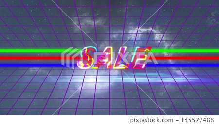 Glowing neon word 'SALE' hovering above digital grid plane, with multicolored stripes and nebula Glowing neon word 'SALE' hovering above digital grid plane, with multicolored stripes and nebula 135577488