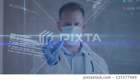 Reaching male doctor manipulating display in lab, with mask gloves stethoscope and binary overlays 135577489