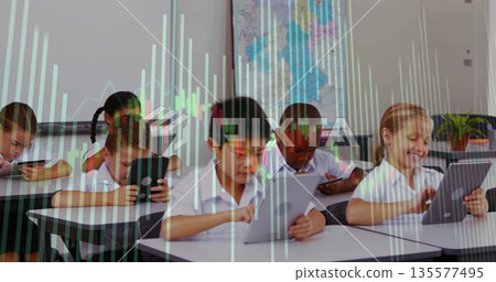 Students tapping tablets in classroom, with whiteboard, world map and data chart overlay 135577495