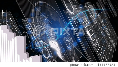 Wireframe globe rotating in virtual environment, HUD panels, blue line graph, gauges, white bars 135577523