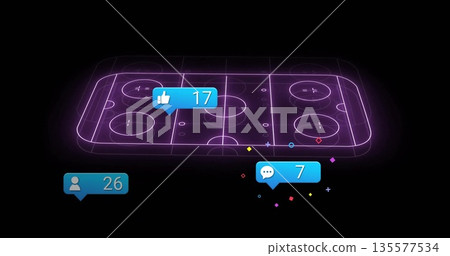 Purple wireframe hockey board floating in digital void, with notification badges, confetti Purple wireframe hockey board floating in digital void, with notification badges, confetti 135577534