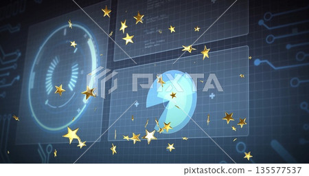 Drifting golden stars in virtual interface with gauge display pie-chart and circuit-grid motifs 135577537