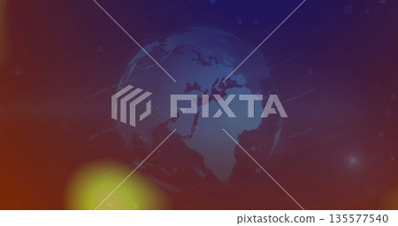 Floating stylized 3D digital globe on virtual interface, with data-flow lines and network icons Floating stylized 3D digital globe on virtual interface, with data-flow lines and network icons 135577540